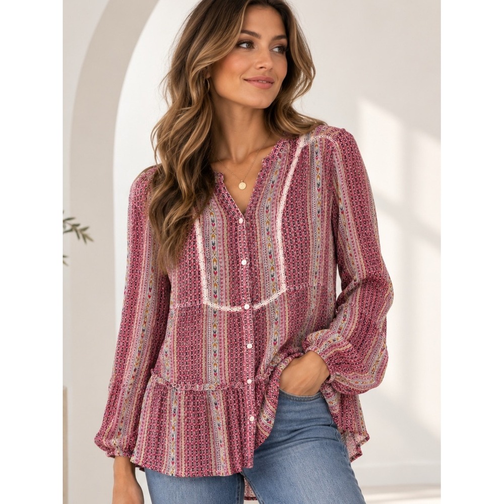 Sundance Pink Geometric Print Boho Button Front Tunic Blouse XS